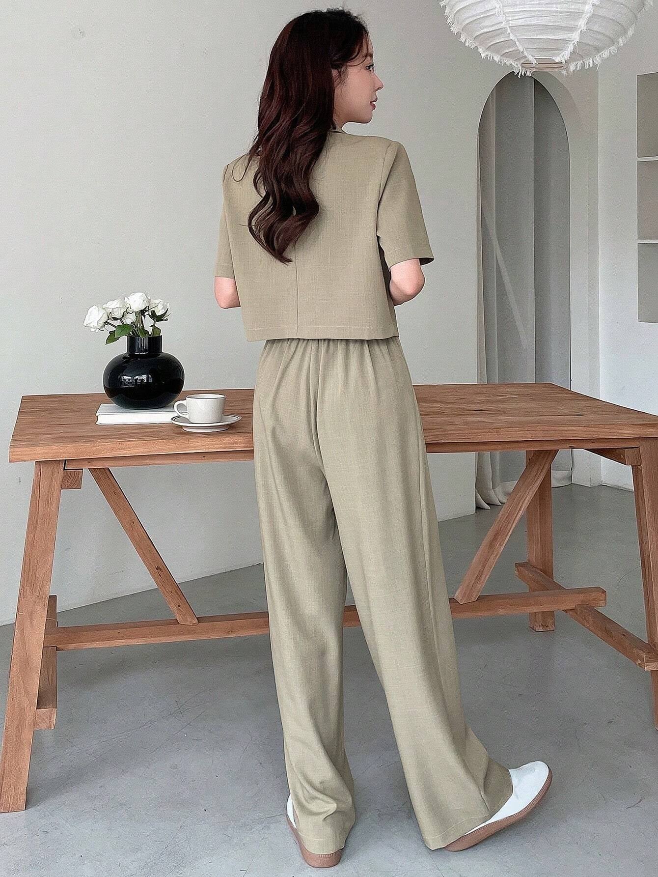 DAZY Women Two Pieces Short Sleeve Suit Jacket and Suit Pants Casual Loose Commute Set