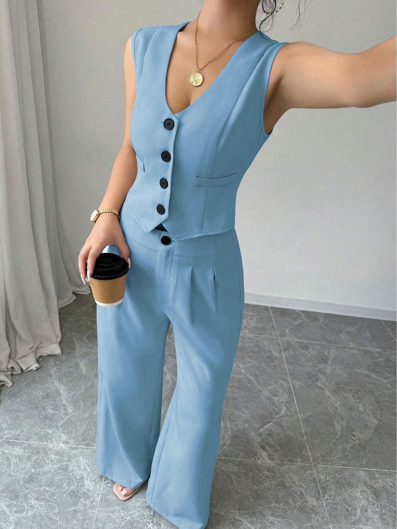 Elenzga 2Pcs Sleeveless Blazer Top and Pants Casual Suit Set
