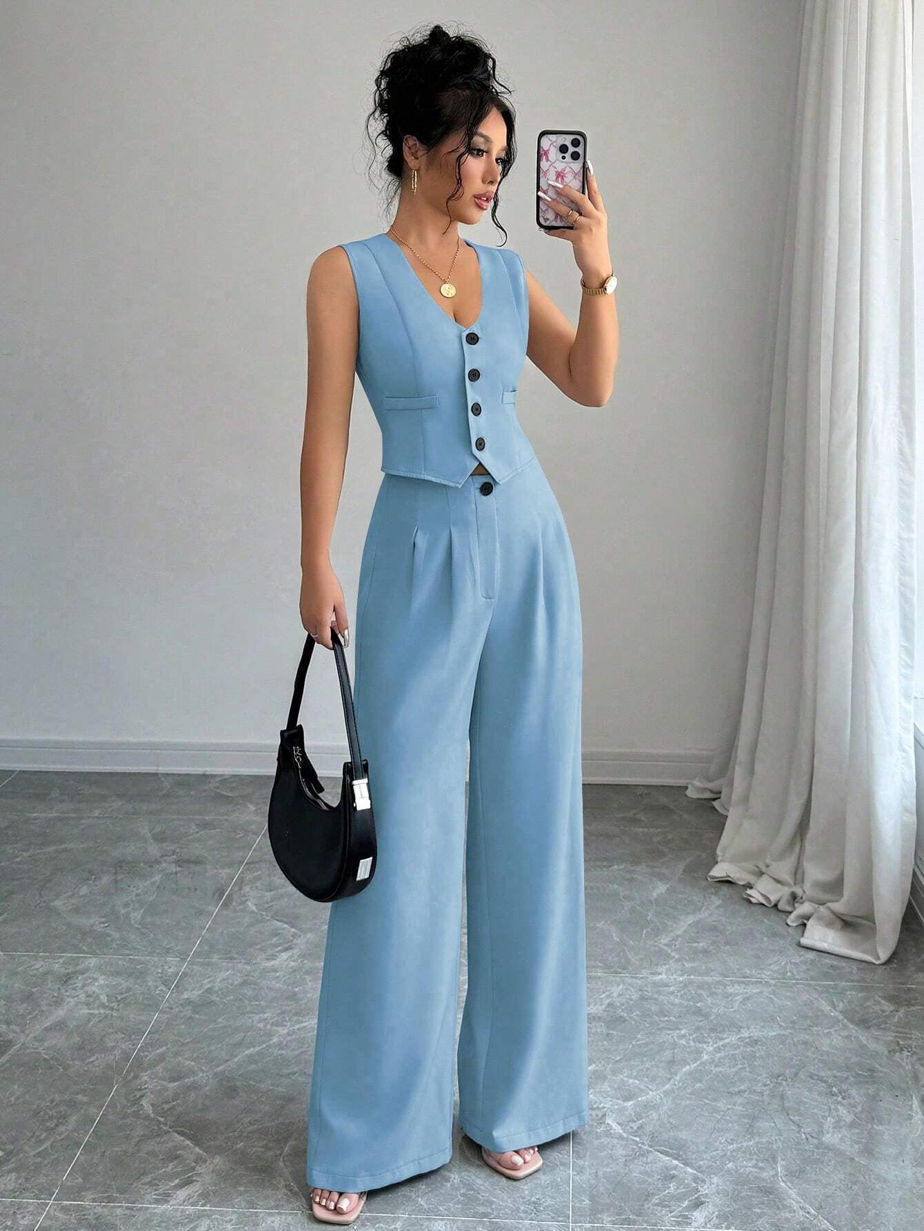 Elenzga 2Pcs Sleeveless Blazer Top and Pants Casual Suit Set