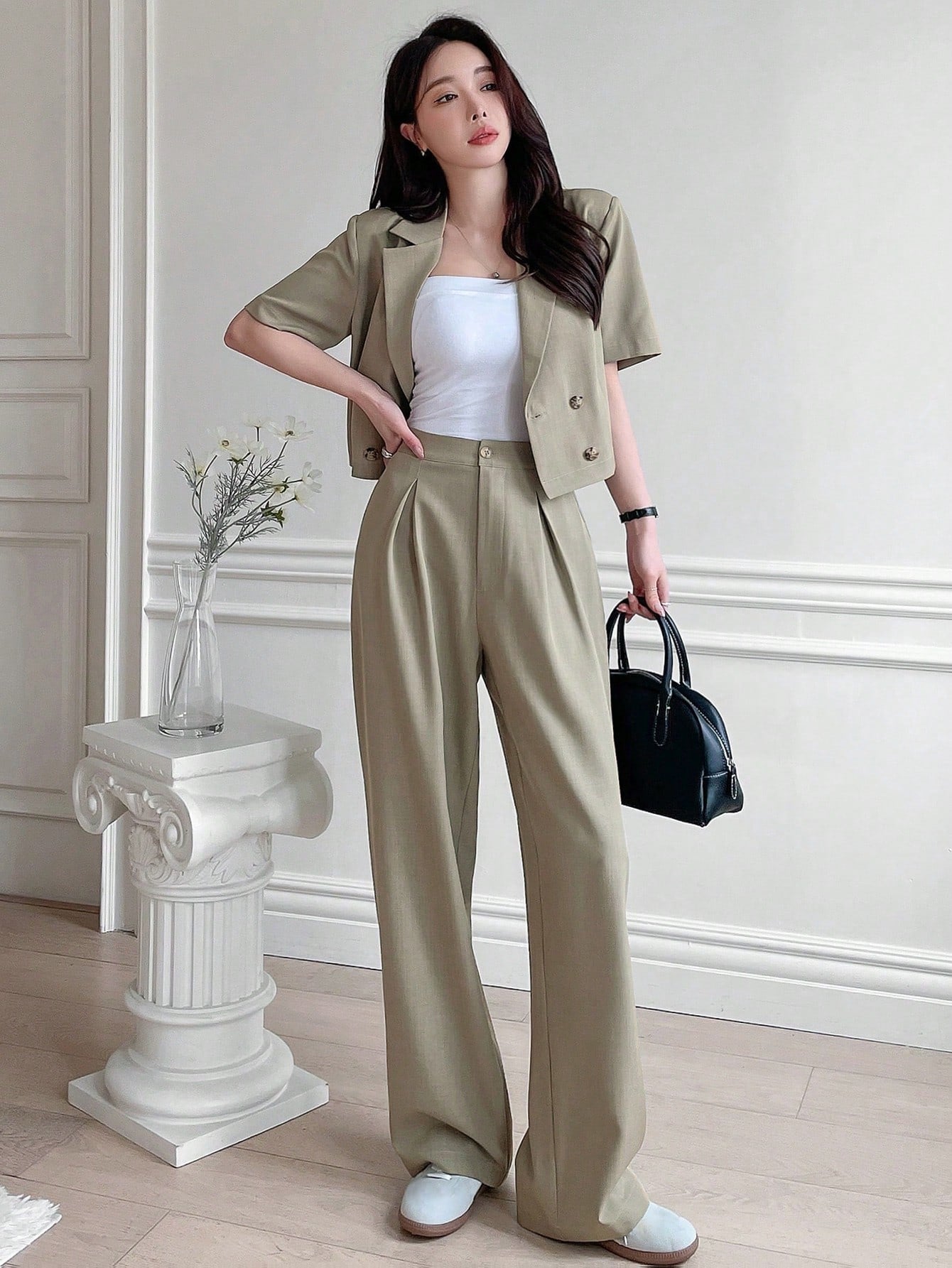 DAZY Women Two Pieces Short Sleeve Suit Jacket and Suit Pants Casual Loose Commute Set