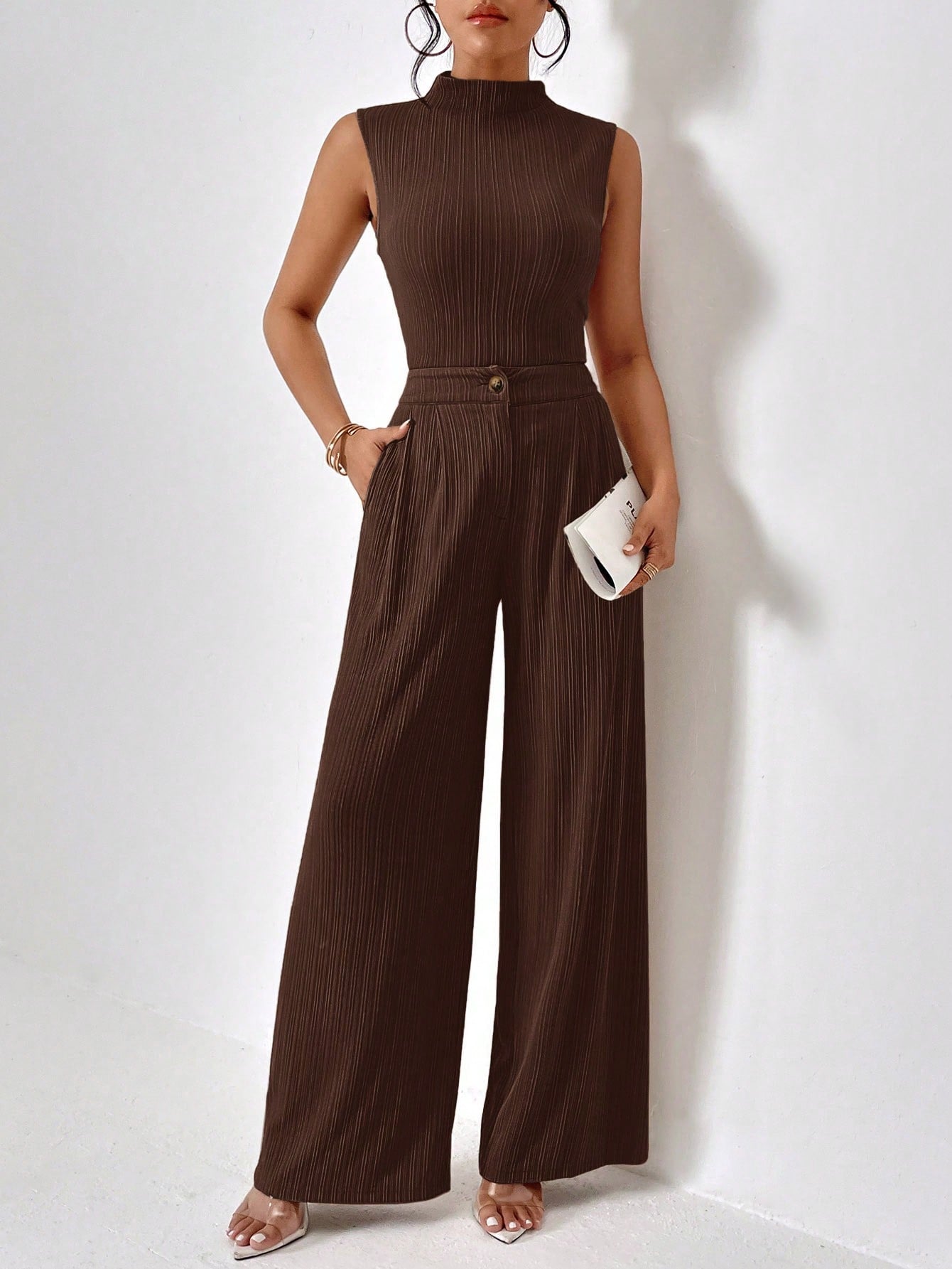 Firerie Women'S Stand Collar Vest and Wide Leg Pants Set