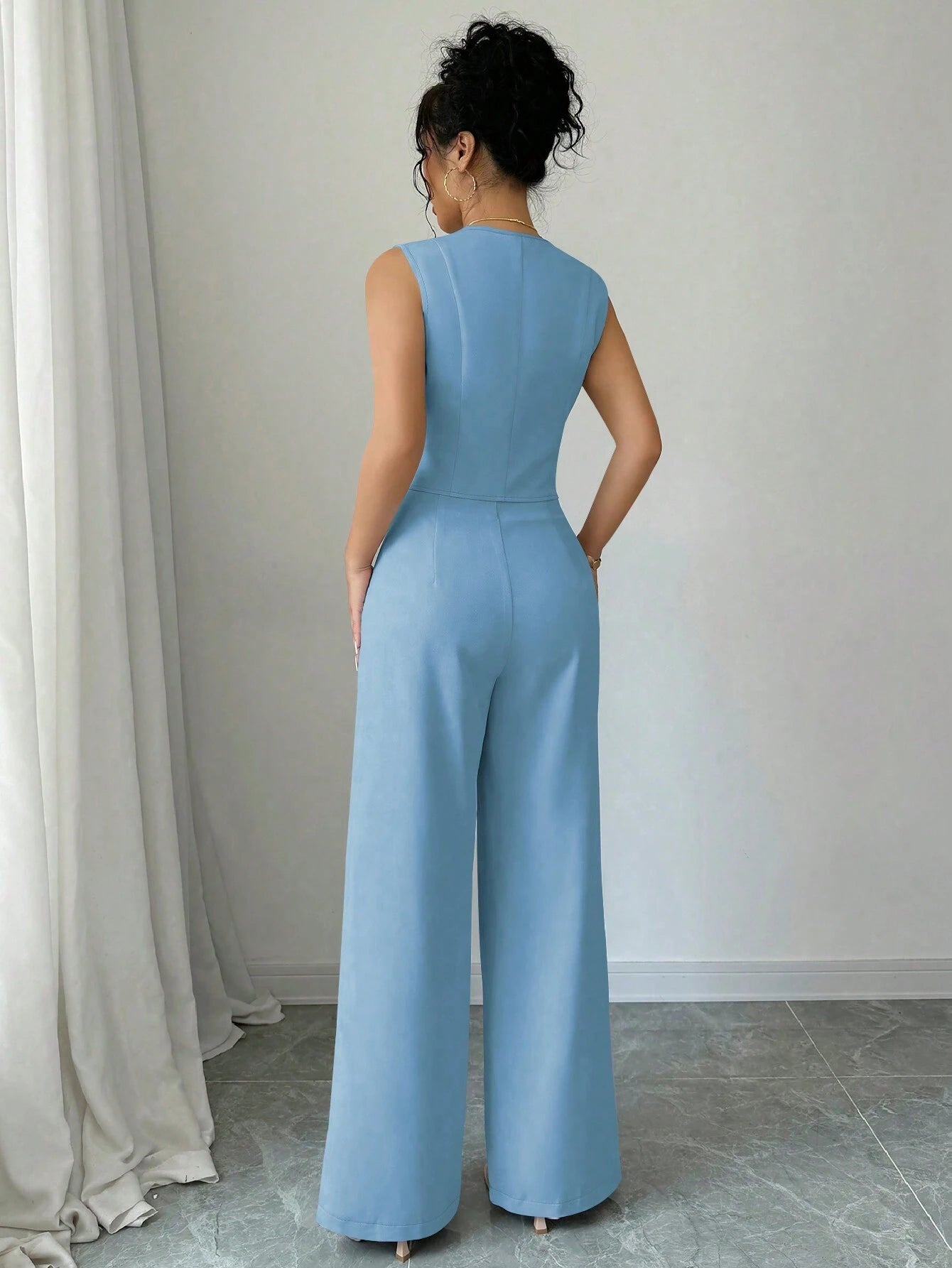 Elenzga 2Pcs Sleeveless Blazer Top and Pants Casual Suit Set