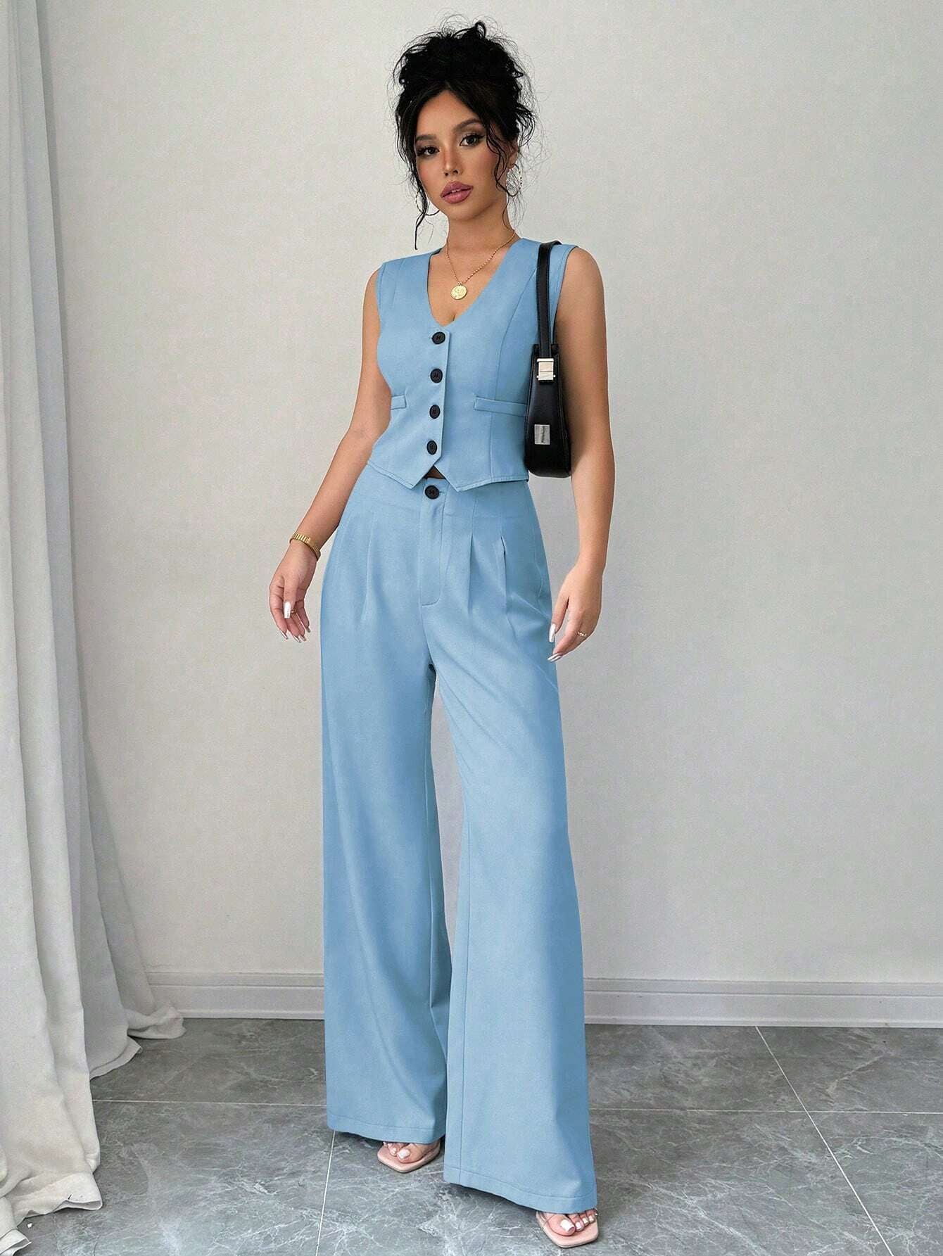 Elenzga 2Pcs Sleeveless Blazer Top and Pants Casual Suit Set