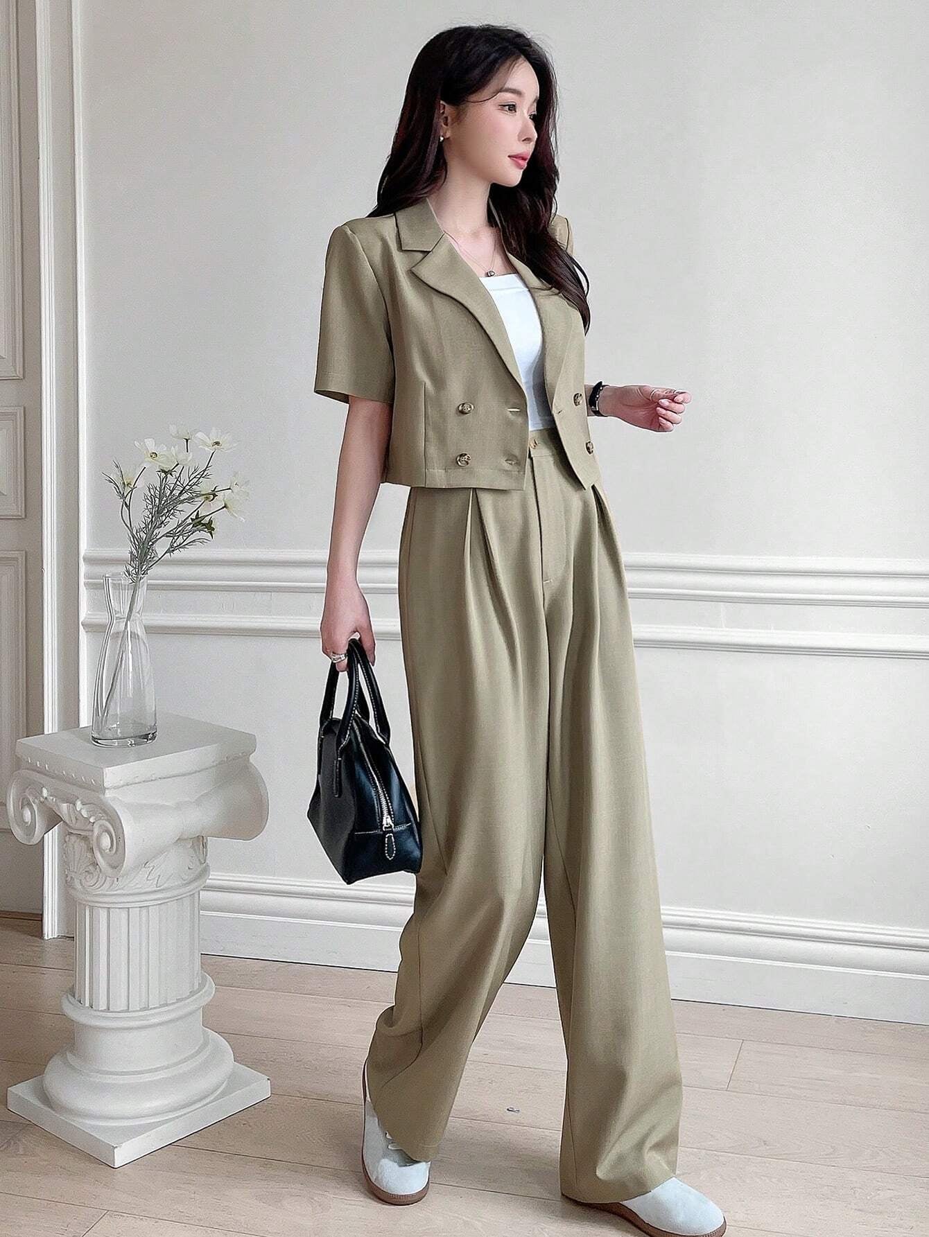 DAZY Women Two Pieces Short Sleeve Suit Jacket and Suit Pants Casual Loose Commute Set
