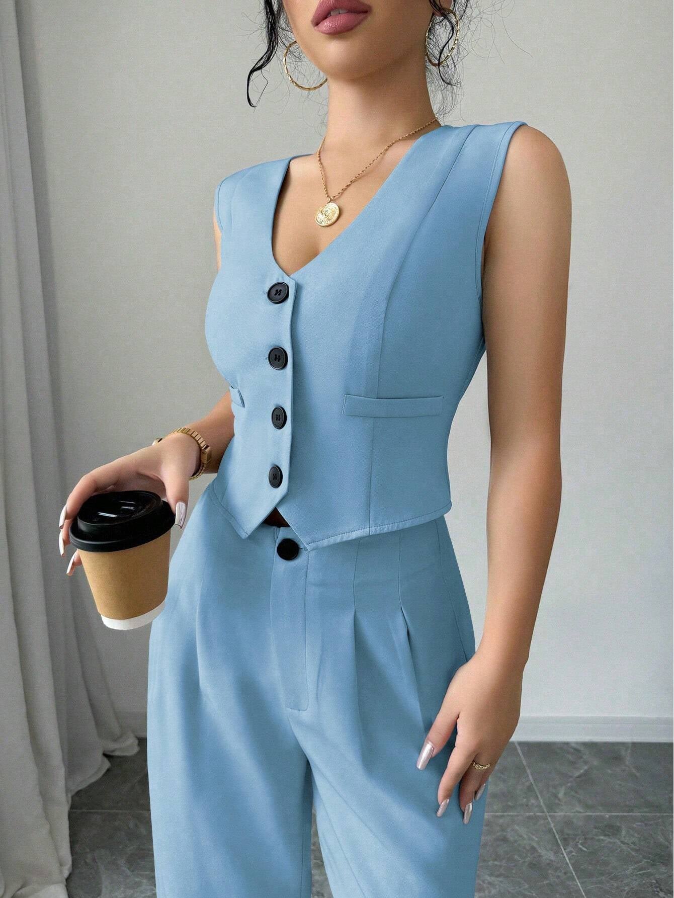 Elenzga 2Pcs Sleeveless Blazer Top and Pants Casual Suit Set