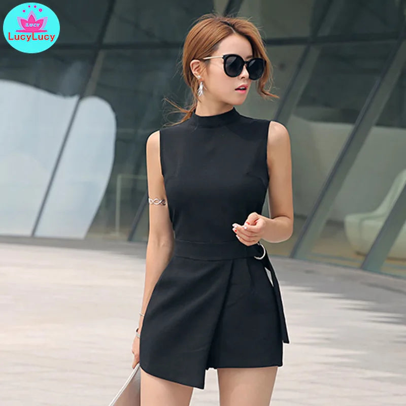 2021 Summer New Korean Fashion Slim Slimming Irregular Women'S Belt Black Short Jumpsuit Solid Skinny Casual