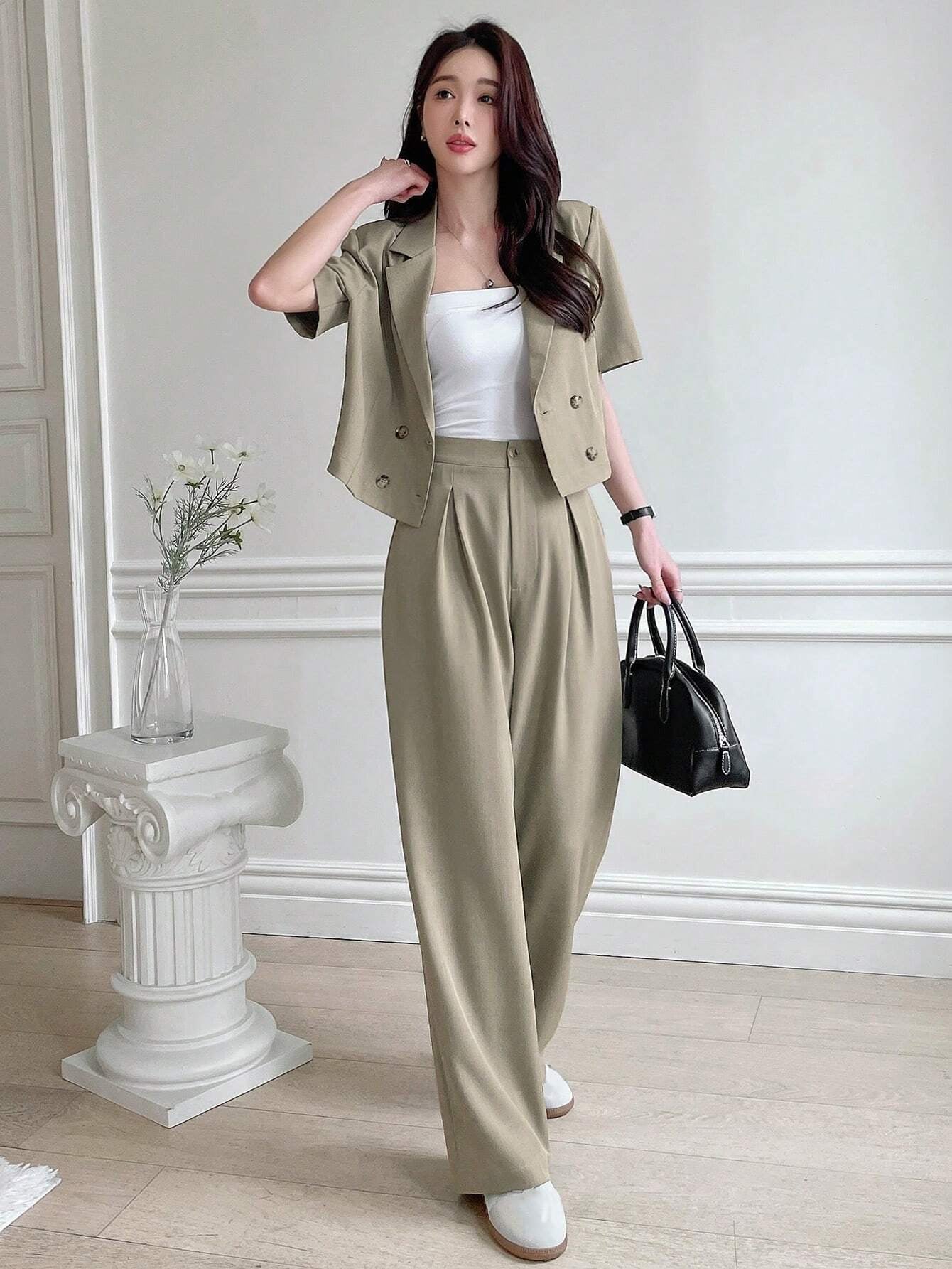 DAZY Women Two Pieces Short Sleeve Suit Jacket and Suit Pants Casual Loose Commute Set