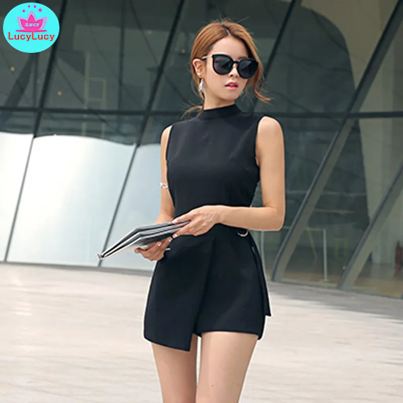 2021 Summer New Korean Fashion Slim Slimming Irregular Women'S Belt Black Short Jumpsuit Solid Skinny Casual